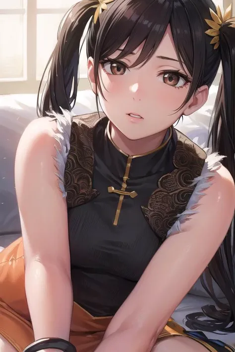 lingxiaoyu, <lyco:lingxiaoyu-lyco-nochekaiser:1>,
ling xiaoyu, (black hair:1.5), (brown eyes:1.7), swept bangs, twintails, (small breasts:1.2),
BREAK black gloves, bracelet, chinese clothes, feather trim, fingerless gloves, gloves, mary janes, orange footw...