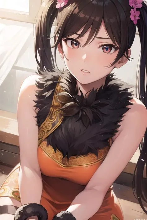 lingxiaoyu, <lyco:lingxiaoyu-lyco-nochekaiser:1>,
ling xiaoyu, black hair, (brown eyes:1.5), swept bangs, twintails,
BREAK black gloves, bracelet, chinese clothes, feather trim, fingerless gloves, gloves, mary janes, orange footwear, shoes, single glove, s...