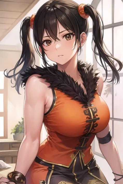 lingxiaoyu, <lyco:lingxiaoyu-lyco-nochekaiser:1>,
ling xiaoyu, (black hair:1.5), (brown eyes:1.7), swept bangs, twintails,
BREAK black gloves, bracelet, chinese clothes, feather trim, fingerless gloves, gloves, mary janes, orange footwear, shoes, single gl...