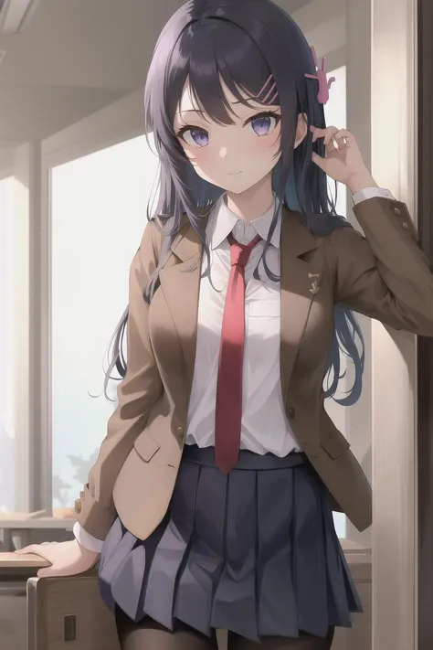 anime girl in a school uniform with a red tie and a brown jacket