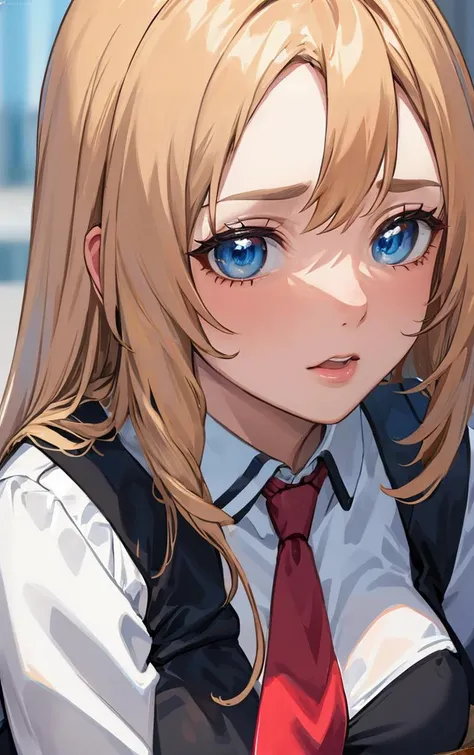 anime girl with blonde hair and blue eyes wearing a red tie