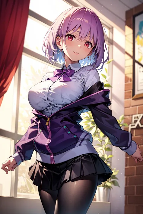 masterpiece, best quality, highly detailed, aaakane, short hair, red eyes, large breasts, purple bowtie, collared shirt, white shirt, off shoulder, purple jacket, partially unzipped, long sleeves, sleeves past wrists, pleated skirt, black skirt, pantyhose,...