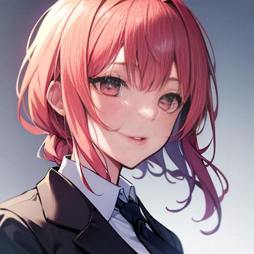 (masterpiece), (bestquality), (ultra-detailed), (illustration), dynamicangle,<lora:makimaChainsawMan_offset:1> pink hair, business suit, black tie,