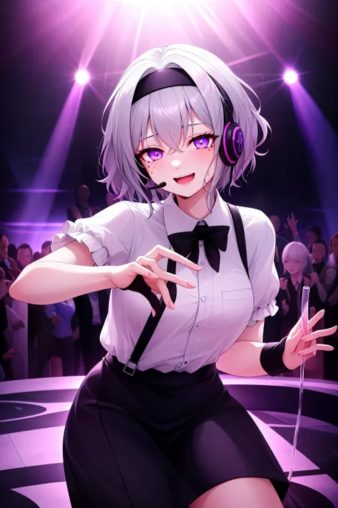 girl, gray hair, short hair, mole on cheek, headband, headset, blousel, rolled up sleeves,black formal skirt, very happy, violet neon lighting, security, confidence, imposing, charisma, ambition, detailed background , dancing, several people, nightclub ,fl...