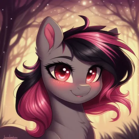 feral pony, portrait, ((park)), (masterpiece), (raytracing), (cinematic lighting), triadic lighting, High Definition, light particles, (shading), ((((smooth dark gray fur)))), pinkish red glowing clear eyes ((shiny fur pony body)), (((glowing clear pinkish...