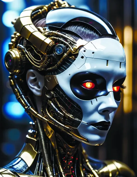 a close up of a robot with red eyes and a head of hair