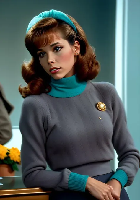 color photo of (LauraPetrie:0.99) wearing a turquoise sweater, with a white collared shirt, with a gold brooch, high detail, high quality , highly detailed skin, realistic face, (grey eyes:1.1), leica 50mm