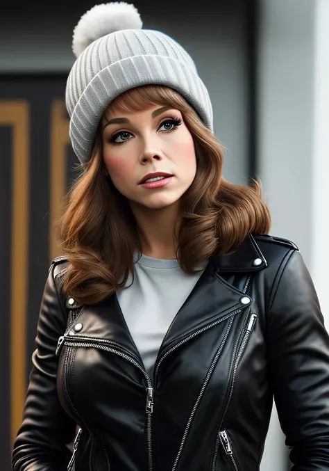 color photo of (LauraPetrie:0.99) wearing a black leather jacket, with a white t-shirt, with a grey beanie hat, high detail, high quality , highly detailed skin, realistic face, (grey eyes:1.1), leica 50mm