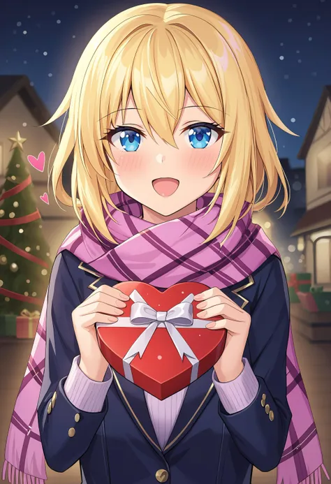 anime girl holding a heart shaped box with a bow in her hands