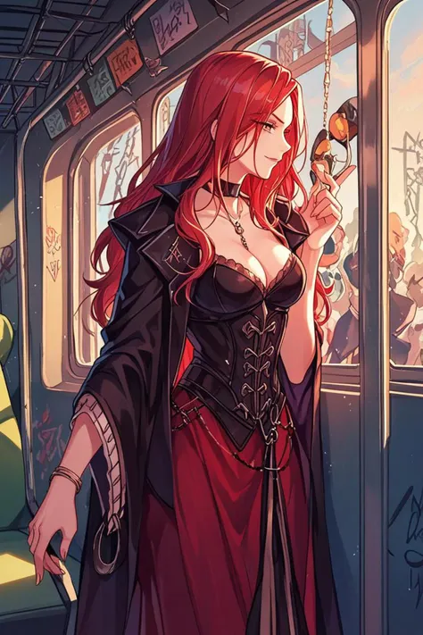 anime girl in a red dress on a train with a bird in her hand