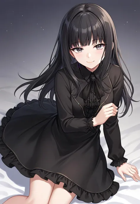 anime girl in black dress sitting on the ground with her hands on her knees