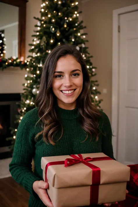 a woman holding a present in front of a christmas tree