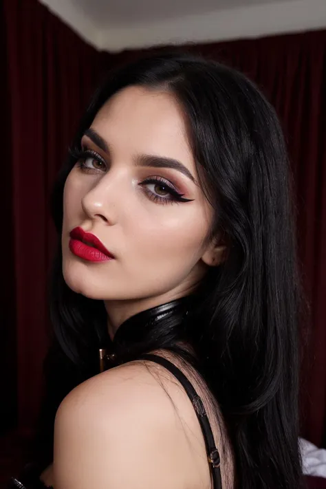 a close up of a woman with long black hair and red lipstick