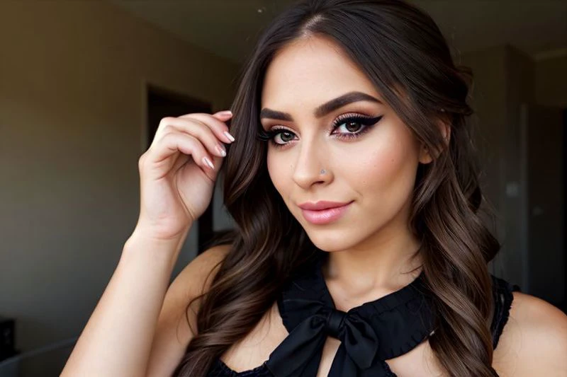 a woman with long hair wearing a black dress and a bow tie