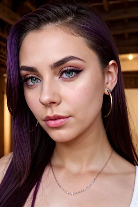 a close up of a woman with purple hair and a white top