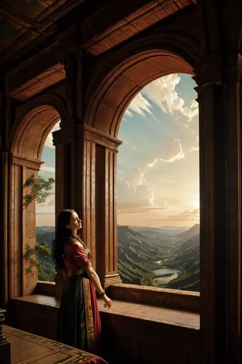 a woman in a red dress looking out a window at the mountains