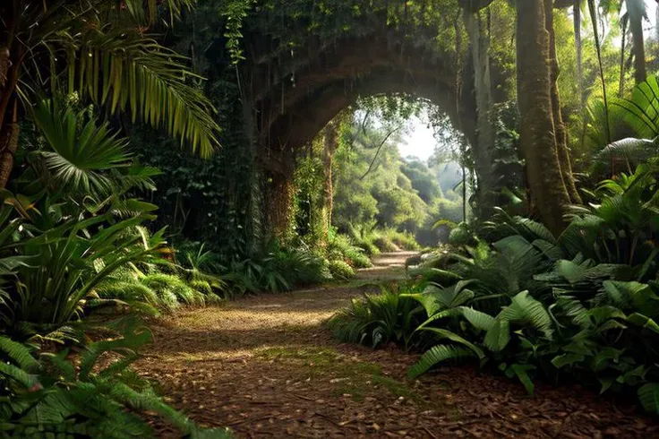 a view of a path through a lush green forest with trees