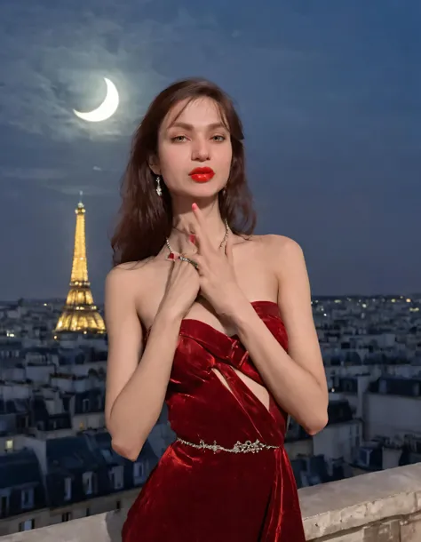 a woman in a red dress standing on a balcony with the eiffel tower in the background