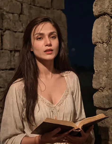 a woman in a white dress holding a book in front of a stone wall