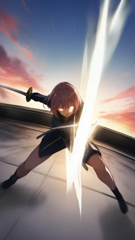 a woman in a black outfit holding a sword in a sunset