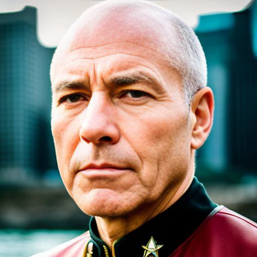 tng-picard  RAW photo, a close up portrait photo of a man in wastelander clothes, background is city ruins, (high detailed skin:1.2), 8k uhd, dslr, soft lighting, high quality, film grain, Fujifilm XT3