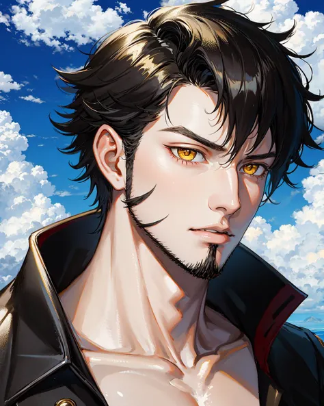 1boy, masterpiece, best quality, absurdres, solo, adult, black hair, yellow eyes, facial hair, close-up portrait, serious, blue sky, clouds <lora:ã«ã__nori31291404_Art_Style:1.2>  <lora:ANIME_OP_dracule_mihawk_ownwaifu:0.4>