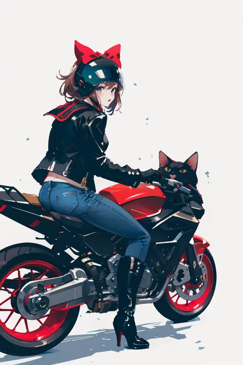 style by snitt,impasto,
1girl, cat, black cat, ground vehicle, motor vehicle, motorcycle helmet, motorcycle, helmet, boots, high heel boots, high heels, pants, bag, jacket, simple background, animal, red bow, hair bow, leather, bow, sitting, gloves, denim,...