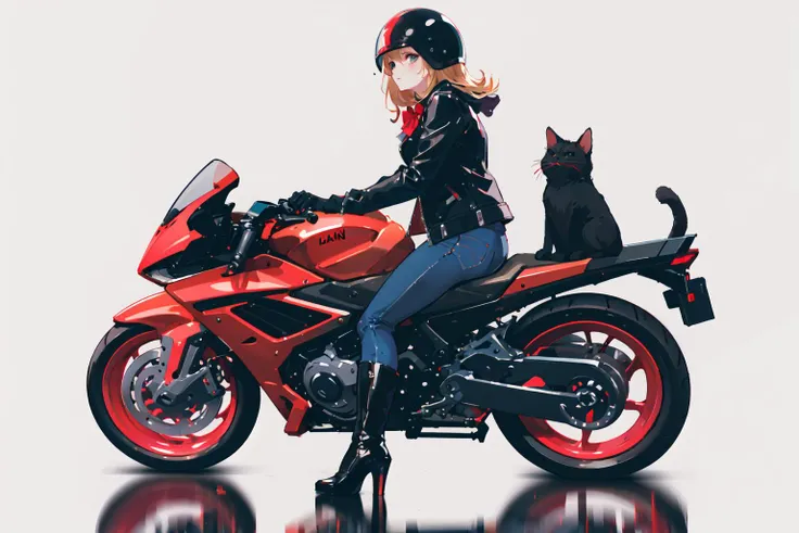 style by snitt,impasto,
1girl, cat, black cat, ground vehicle, motor vehicle, motorcycle helmet, motorcycle, helmet, boots, high heel boots, high heels, pants, bag, jacket, simple background, animal, red bow, hair bow, leather, bow, sitting, gloves, denim,...