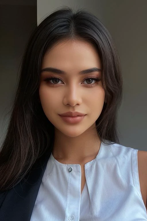 a close up of a woman with long hair wearing a white shirt