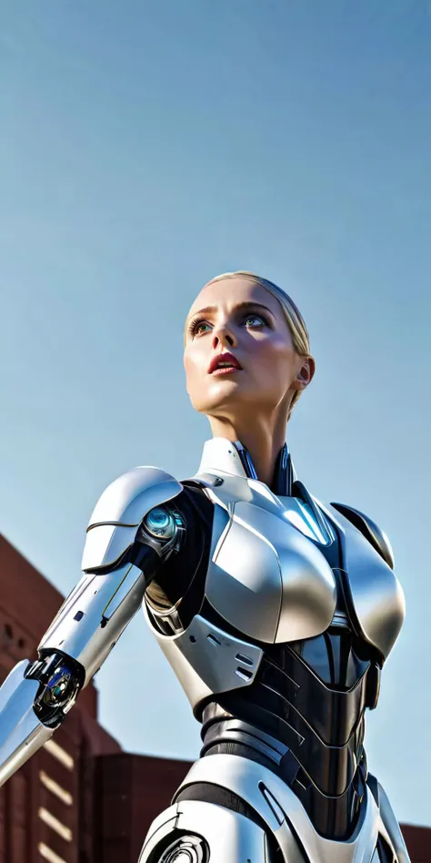 Advertising poster style super fine concept art of a (confused) (MRS) android robot, arm up, hands up, Perfect Hands, looking up to the clear sky, outdoors, ((from below angle, long distance shot)), extremely detailed, hard surface, sci-fi, solo, (SFW) <lo...