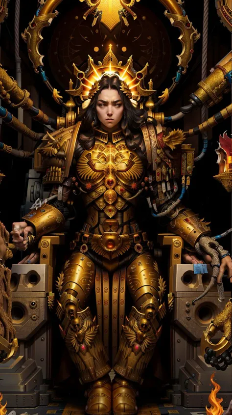 female emperor_of_man sitting on a golden throne,golden aura,laurel crown,rim lighting,<lora:THE EMPEROR OF MANKIND MK1 by CCARAXESS:1>,pipes,wires,gears,