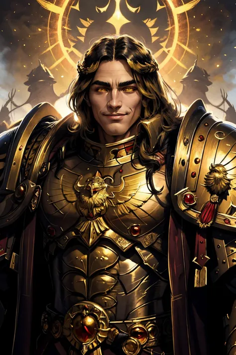 mature adult, illustration, beautiful detailed eyes,best quality,highly detailed,masterpiece,ultra-detailed,illustration, long hair, olive skin, full armor, muscular, god-like physique, golden armor, 
1 man, light smile, happy, yellow eyes, EMPEROR OF MANk...