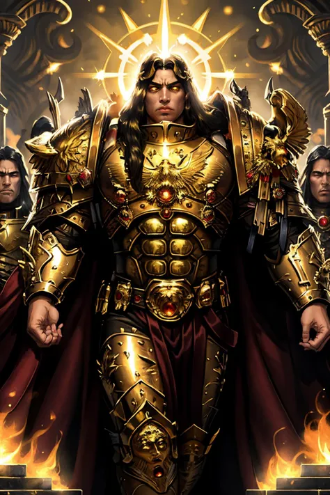 mature adult, illustration, beautiful detailed eyes, best quality, highly detailed, masterpiece, ultra-detailed, illustration, long hair, olive skin, full armor, muscular, god-like physique, golden armor, glowing golden aura, highly-ornamented golden armor...