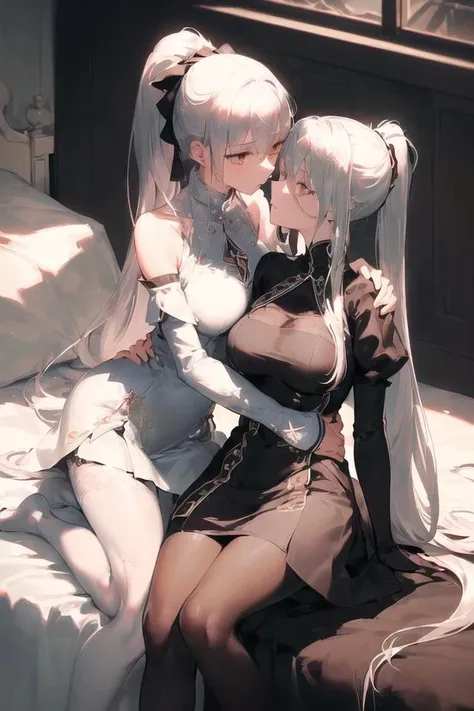 NSFW, 2girls,((((masterpiece)))),((((((bestquality)))))),((((ultra-detailed)))),(((illustration))), ray tracing, (dim light), [realistic] ((detailedbackground(bedroom))),+++++(((silver hair))), (((A long disheveled silver-haired, busty yet slender girls wi...