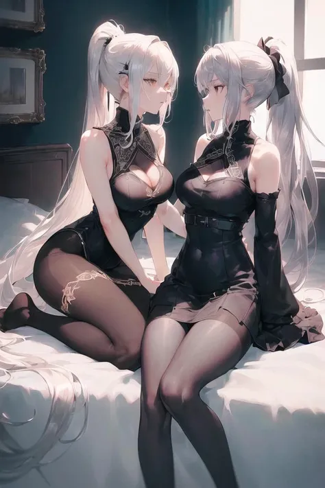 NSFW, 2girls,((((masterpiece)))),((((((bestquality)))))),((((ultra-detailed)))),(((illustration))), ray tracing, (dim light), [realistic] ((detailedbackground(bedroom))),+++++(((silver hair))), (((A long disheveled silver-haired, busty yet slender girls wi...