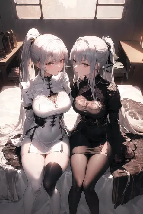 NSFW, 2girls,((((masterpiece)))),((((((bestquality)))))),((((ultra-detailed)))),(((illustration))), ray tracing, (dim light), [realistic] ((detailedbackground(bedroom))),+++++(((silver hair))), (((A long disheveled silver-haired, busty yet slender girls wi...