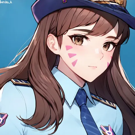 (detailed background), masterpiece, best quality, Officer_DVa, female_service_cap, brown_eyes, pink_facial_mark
 <lora:Officer_DVa-05 (1):1>