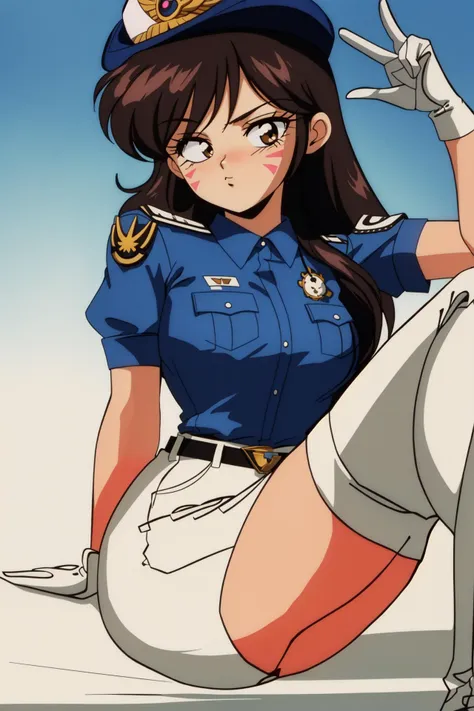 a woman in uniform sitting on the ground with her legs crossed