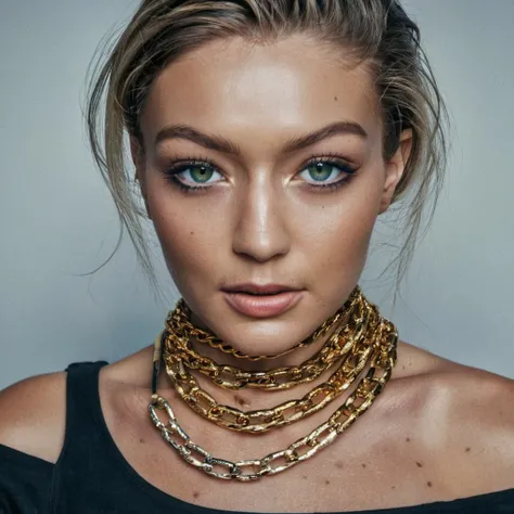 Super high res closeup portrait photo skin texture of a stunning woman wearing a chain necklace,f /2.8, Canon, 85mm,cinematic, high quality, skin texture, looking at the camera,  <lora:gihadid_xl_1_standard-000094:1.0>