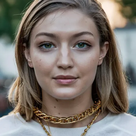 Super high res closeup portrait photo skin texture of a stunning young woman wearing a chain necklace,f /2.8, Canon, 85mm,cinematic, high quality, skin texture, looking at the camera,  <lora:gihadid_xl_1_standard-000094:1.0>