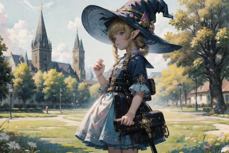 Fujifilm MX-2900 Zoom,masterpiece,best quality,absurdres,detailed background,perfect correct anatomy,cinematic anime style,closeup shot,looking a way,a young preteen child elf witch the in dynamic pose spell,outdoor,fantasy day,sunlight,witch hat,witch stu...