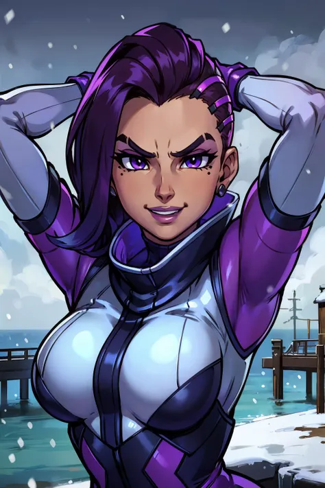 owsombra, purple eyes, mole under eyes, gloves, looking at viewer, serious, evil grin, upper body shot, standing, arms raised, h...