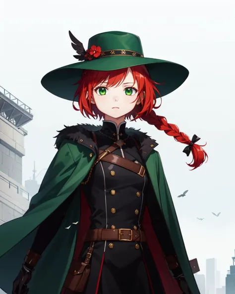 masterpiece, high quality, 1girl, solo, red hair, short hair, braid, green eyes, dynamic shot, coat, wide hat,  <lora:megucastyle:0.9>