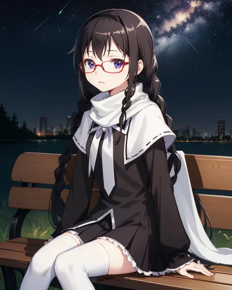 masterpiece, high quality, 1girl, solo, akemi homura, medium shot, upper body, black shirt, white scarf, white skrt, black thighhighs, outdoors, park, bench, night, sky, stars, sitting, frontal view, glasses, twin braids,  <lora:megucastyle:0.9>