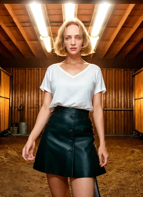 portrait of Uma Thurman, stubborn , wearing skirt , with honey blonde Bob , background chicken coop epic (photo, studio lighting, hard light, sony a7, 50 mm, matte skin, pores, colors, hyperdetailed, hyperrealistic), <lyco:Uma Thurman:1.1>