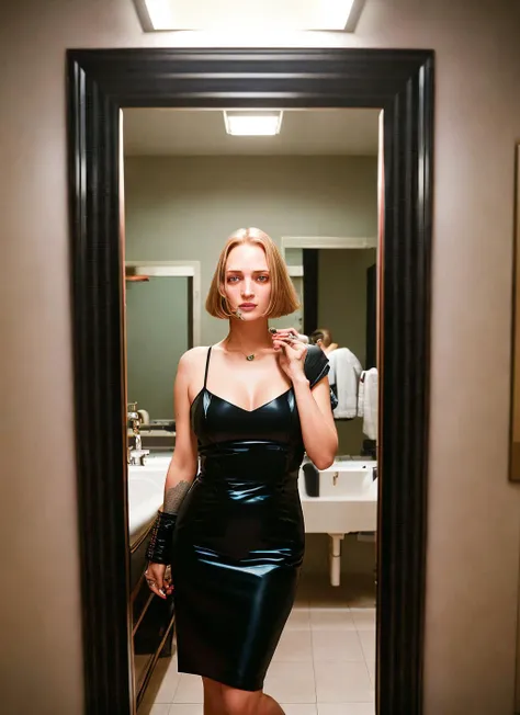 portrait of Uma Thurman, regretful , wearing cocktail dress , with black Bob , background bathroom epic (photo, studio lighting, hard light, sony a7, 50 mm, matte skin, pores, colors, hyperdetailed, hyperrealistic), <lyco:Uma Thurman:1.1>