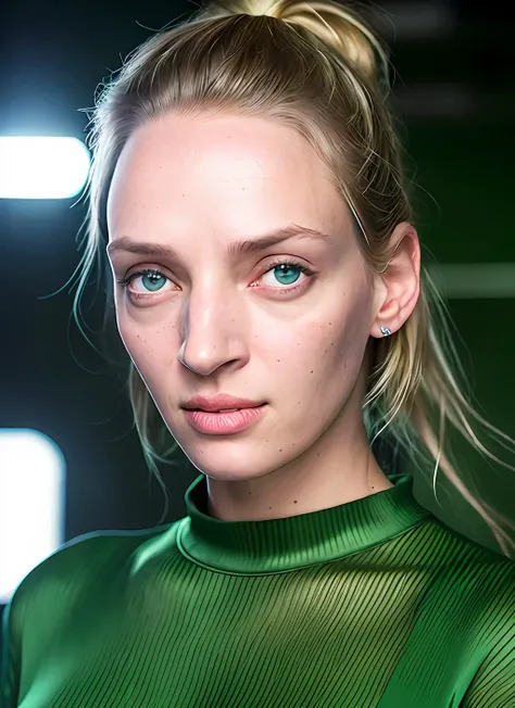 portrait of Uma Thurman, :d , wearing pants , with green Half-up, half-down hairstyle , background space station epic (photo, studio lighting, hard light, sony a7, 50 mm, matte skin, pores, colors, hyperdetailed, hyperrealistic), <lyco:Uma Thurman:1>