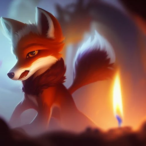 a small painting of a cartoon picture of a fox with a candle in its mouth and a bird on its back, in a cave, art by lol_splash