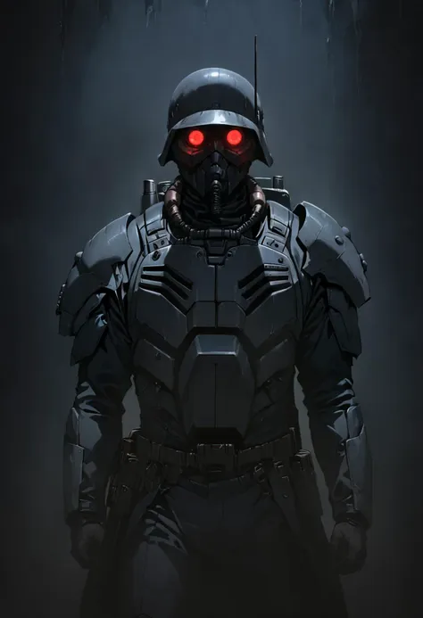 a close up of a man in a futuristic suit with red eyes