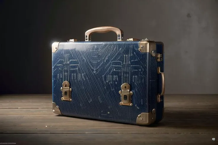 a close up of a suitcase on a wooden table with a dark background